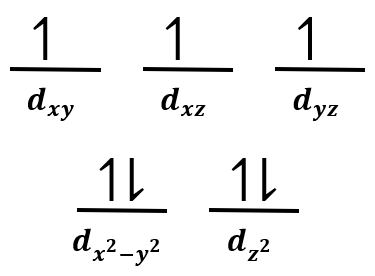 Crystal field energy-level diagram for tetrahedral complex [CoCl4]2− showing unpaired electrons.