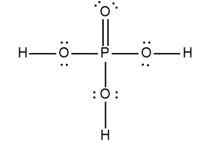 Different view of the Lewis Dot Structure for phosphoric acid H3PO4 illustrating bonds and lone pairs.