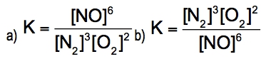 Equilibrium expression for the forward reaction of nitrogen monoxide decomposition with coefficients.