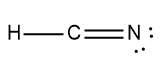 Lewis Dot Structure for hydrocyanic acid (HCN) showing bonds and lone pairs.