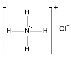 Lewis Dot Structure for ammonium ion, NH4+, showing a lone pair on nitrogen, with chloride ion, Cl-.