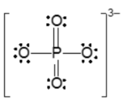 Lewis structure of phosphate ion, PO4^3-, illustrating a phosphorus atom with double bonds to two oxygen atoms.