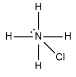 Lewis Dot Structure for ammonium ion, NH4+, showing a lone pair on nitrogen, with bond to chloride ion, Cl-.