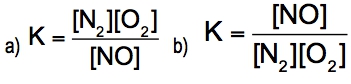 Equilibrium expression for the forward reaction of nitrogen monoxide decomposition.