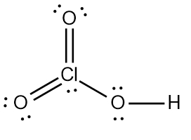 Alternative Lewis Dot Structure of chloric acid (HClO3) with different bond representation.