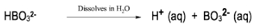 Dissociation of HBO3^2- in water producing H+ and BO3^2- ions.