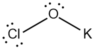 Lewis Dot Structure for potassium hypochlorite, KClO, with K bonded to O and Cl.