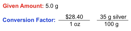 Given amount 5.0 g with conversion factor for silver in ounces.