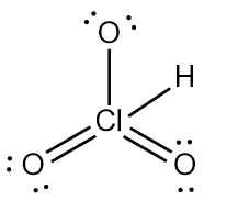 Different Lewis Dot Structure of chloric acid (HClO3) illustrating bond arrangements.