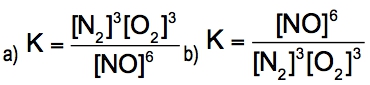 Equilibrium expression for the reverse reaction of nitrogen monoxide decomposition with coefficients.