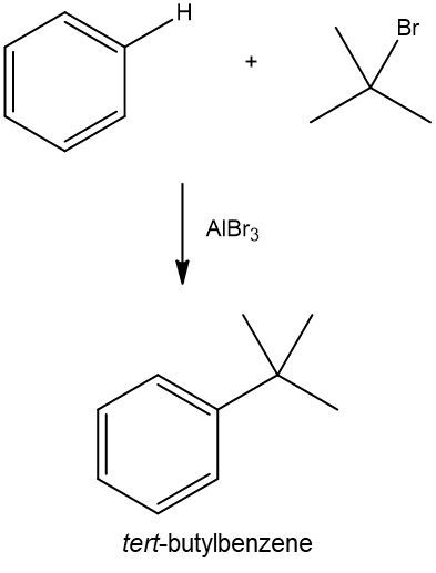 Benzene Friedel Crafts alkylation with tert-bromobutane yielding tert-butylbenzene.