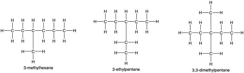 Structural formulas of 3-methylhexane, 3-ethylpentane, and 3,3-dimethylpentane.