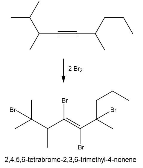 Halogenation reaction of an alkyne with Br2, forming 2,4,5,6-tetrabromo-2,3,6-trimethyl-4-nonene.