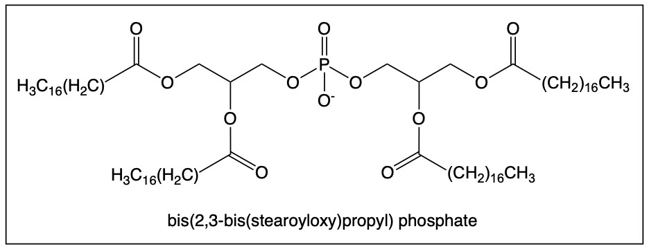 Chemical structure of bis(2,3-bis(stearoyloxy)propyl) phosphate for hydrolysis study.