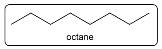 Skeletal structure of octane, a straight-chain alkane with eight carbon atoms.