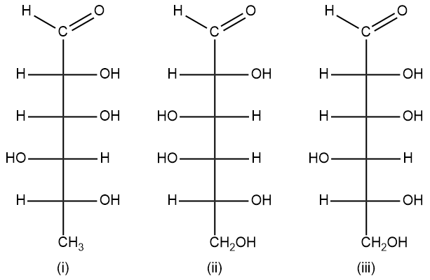 Fischer projections of three monosaccharides from a trisaccharide hydrolysis.