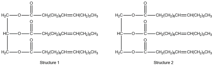 Structures of triacylglycerols with unsaturated fatty acids, showing isomers with different configurations.