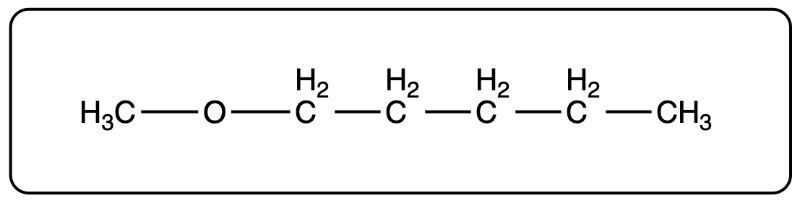 Another representation of butyl ethyl ether's condensed structural formula.