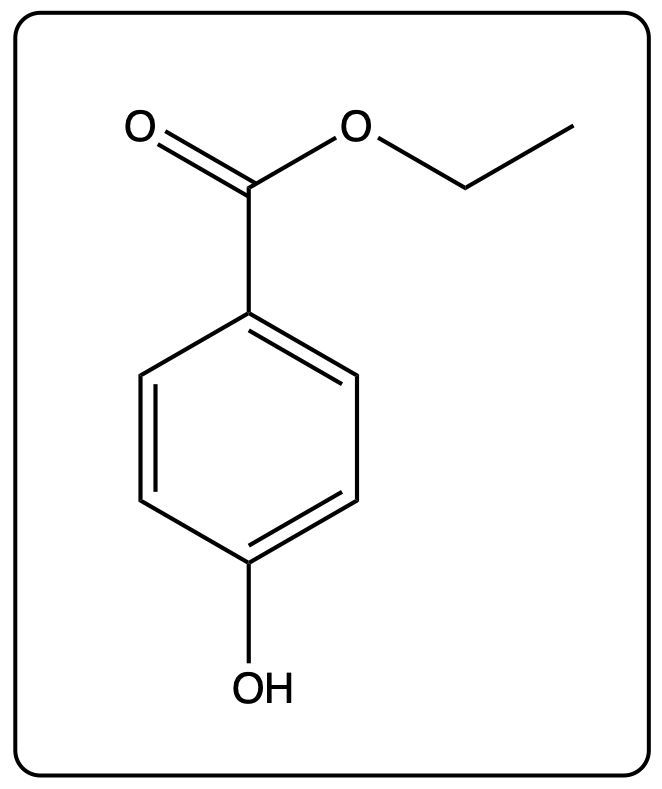 Structure of ethyl p-hydroxybenzoate with hydroxyl and ether groups.