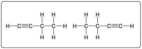 Structural formula of 1-butyne and 2-butyne, 4-carbon alkynes.