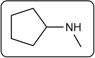 Line-angle formula for cyclopentylamine showing NH group and a hydrogen atom.