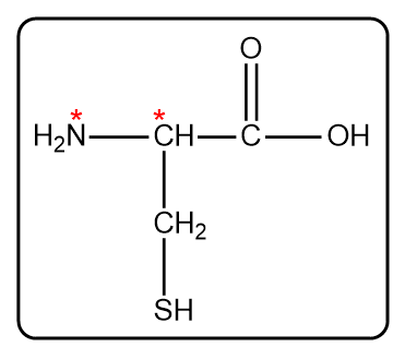 Cysteine structure with three asterisks indicating three chiral carbon atoms.