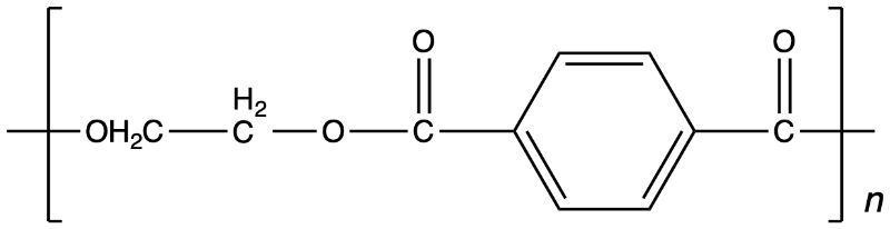 Chemical structure of a polymer from ethylene glycol and terephthalic acid esterification.