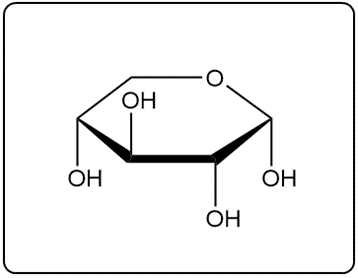 Cyclic furanose structure of ß-D-xylofuranose with hydroxyl groups.