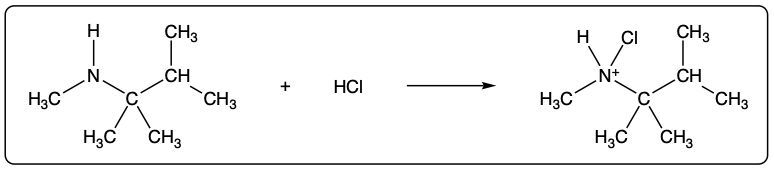 Chemical reaction of an amine with HCl, illustrating the formation of a charged ammonium compound.