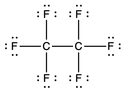 Lewis structure of tetrafluoroethene with four fluorine atoms attached to two carbon atoms.