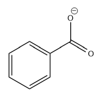 Chemical structure of a substrate with a benzene ring and a carboxylate ion, relevant to enzyme interactions.