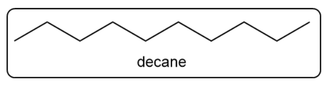 Skeletal structure of decane with the label 'decane' below.