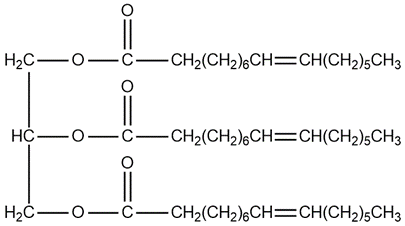 Structure of glyceryl tripalmitate with three palmitic acid chains, showing a different carbon chain length.