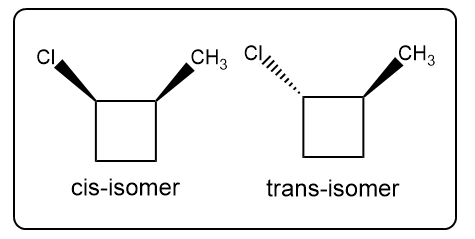 Cis and trans isomers of 1-chloro-1-methylcyclobutane, with chlorine and methyl groups positioned differently.