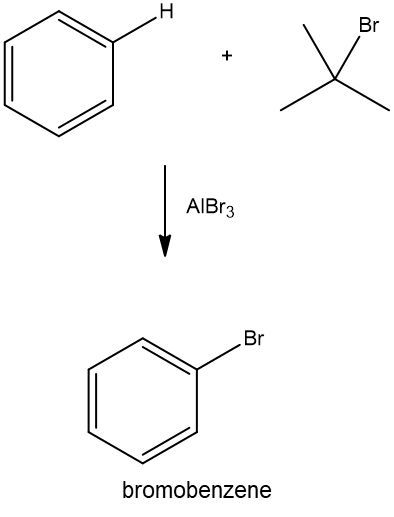 Benzene Friedel Crafts alkylation with tert-bromobutane yielding bromobenzene.