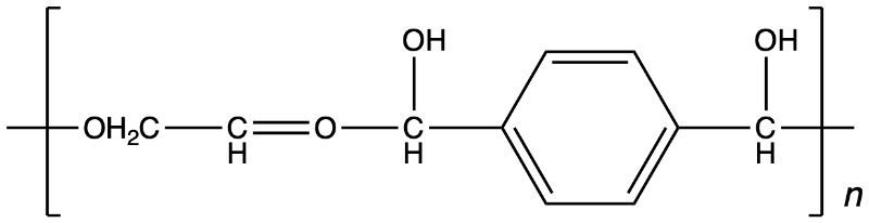 Chemical structure of a polymer with hydroxyl groups from ethylene glycol and terephthalic acid.