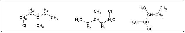Illustration of monochlorinated products from 3-methylpentane reacting with Cl2, showing structural variations.