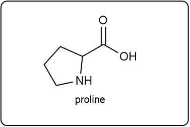 Structure of proline, an amino acid with the code 'Pro'.