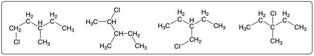Monochlorinated products from 3-methylpentane with Cl2, showing various structures.