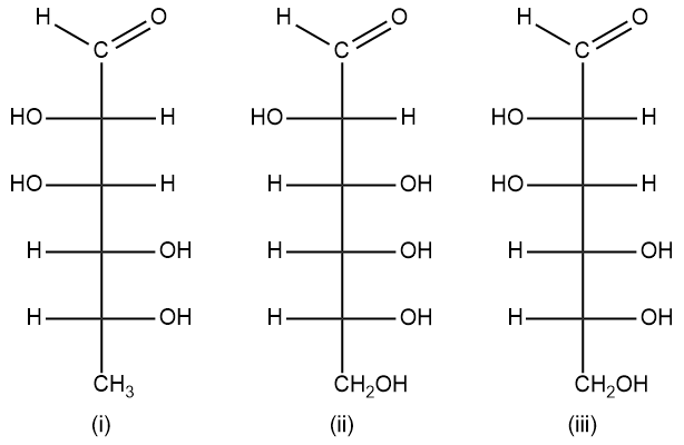 Fischer projections of three monosaccharides from a trisaccharide hydrolysis.