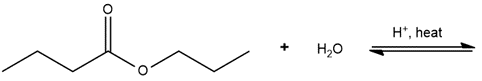 Line-angle structure of an ester reacting with water under acid-catalyzed hydrolysis.