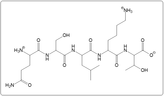 Peptide structure for Gln–Ser–Leu–Lys–Thr with one-letter abbreviation QSLKT.