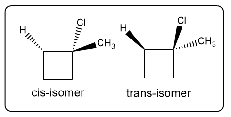 Cis and trans isomers of 1-chloro-1-methylcyclobutane, highlighting their distinct configurations.