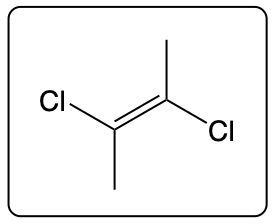 Structure of trans-2,3-dichloro-2-butene with chlorine atoms and a double bond configuration.