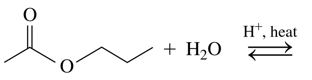 Condensed structural formulas showing ester hydrolysis with water, acid catalyst, and heat indicated.