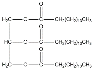 Chemical structure of glyceryl trilaurate with three tridecanoic acid chains.