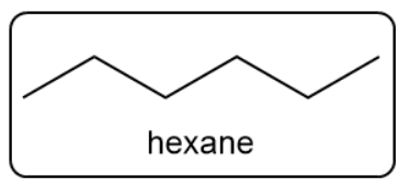 Skeletal structure of hexane, a straight-chain alkane with six carbon atoms.