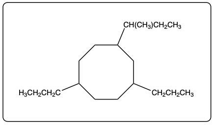 Visual representation of 1-isopropyl-3,6-dipropylcyclooctane with distinct labeling of groups.