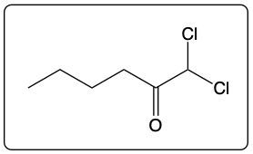 Chemical structure of 1,1-dichlorohexan-2-one with chlorine and carbon atoms.