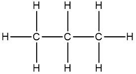 Structural formula of propane (C3H8) showing carbon and hydrogen bonds.